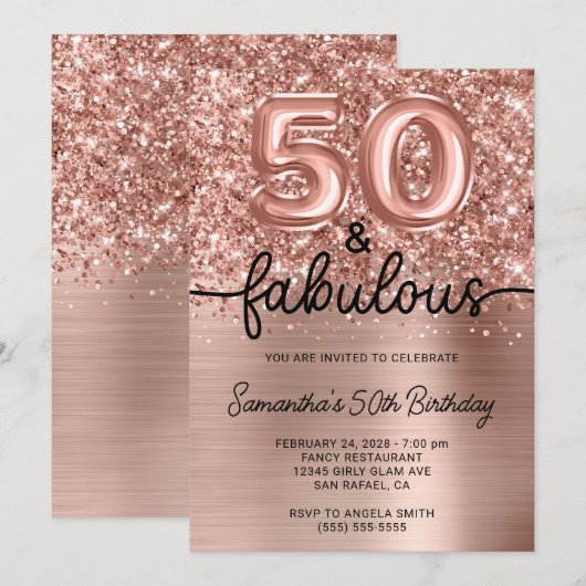 Glittery Rose Gold Glam 50 and Fabulous 招待状 (正面/裏面)