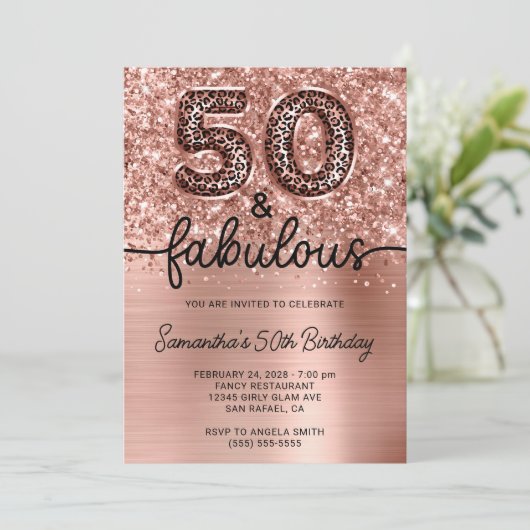 Glittery Rose Gold Leopard Glam 50 and Fabulous 招待状 (スタンド正面)