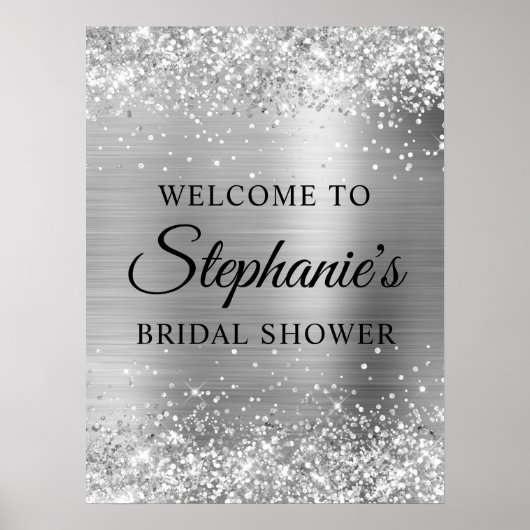 Glittery Silver Faux Foil Bridal Shower Welcome ポスター (正面)