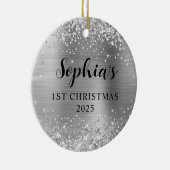 Glittery Silver Foil 1st Christmas Photo セラミックオーナメント (右)