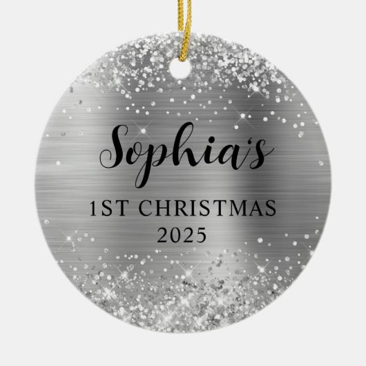 Glittery Silver Foil 1st Christmas Photo セラミックオーナメント (正面)