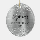Glittery Silver Foil 1st Christmas Photo セラミックオーナメント (左)