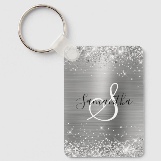 Glittery Silver Foil Elegant Monogrammed キーホルダー (正面)