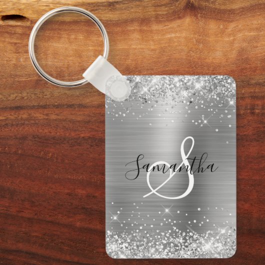 Glittery Silver Foil Elegant Monogrammed キーホルダー (正面)