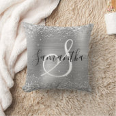 Glittery Silver Foil Elegant Monogrammed クッション (ブランケット)