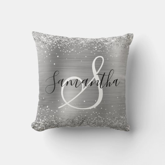 Glittery Silver Foil Elegant Monogrammed クッション (正面)