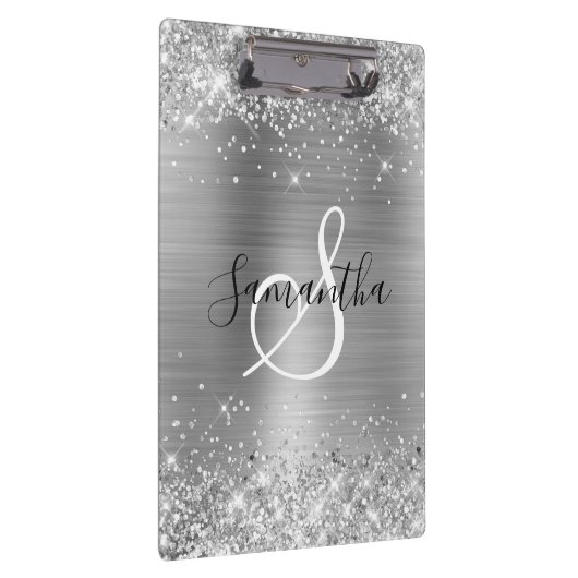 Glittery Silver Foil Elegant Monogrammed クリップボード (右)