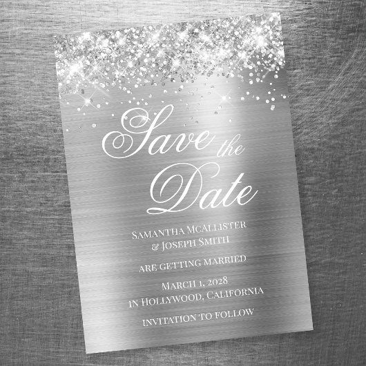 Glittery Silver Foil Save the Date マグネット招待状