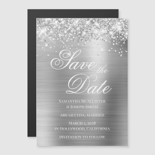 Glittery Silver Foil Save the Date マグネット招待状 (正面/裏面)