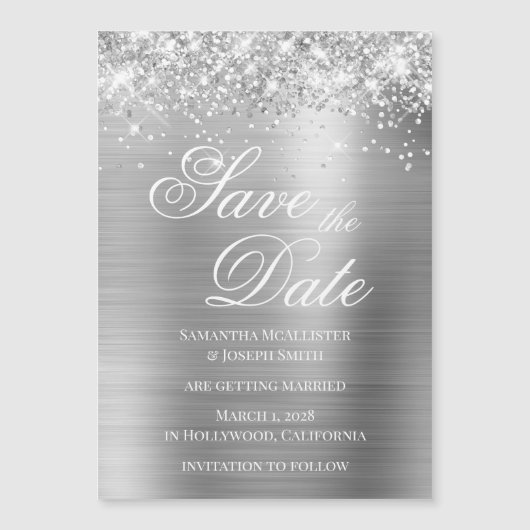Glittery Silver Foil Save the Date マグネット招待状 (正面)