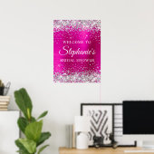 Glittery Silver Hot Pink Foil Bridal Shower ポスター (ホームオフィス)