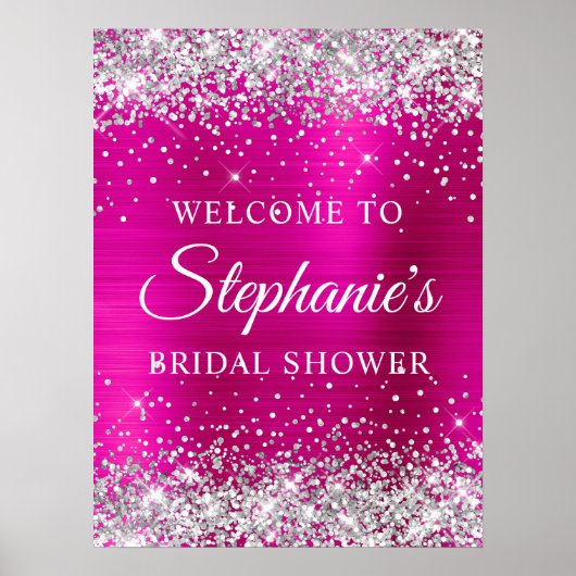 Glittery Silver Hot Pink Foil Bridal Shower ポスター (正面)