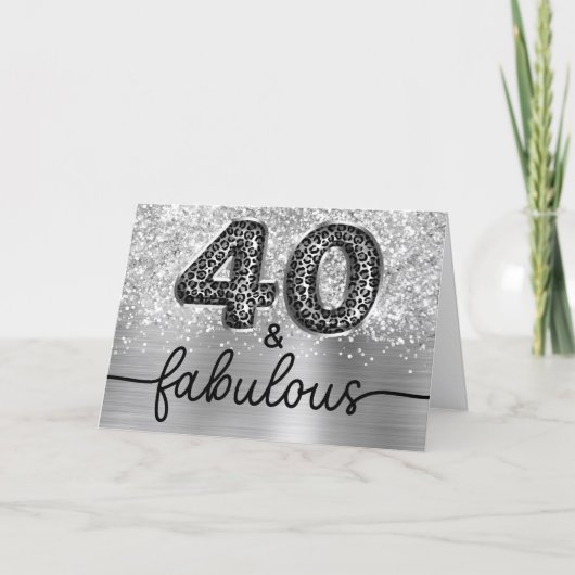 Glittery Silver Leopard Glam 40 and Fabulous カード (正面)