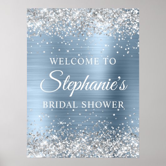 Glittery Silver Light Blue Foil Bridal Shower ポスター (正面)