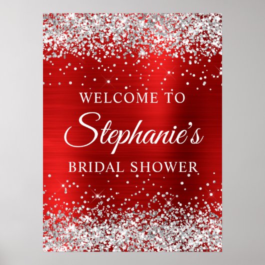 Glittery Silver Red Foil Bridal Shower Welcome ポスター (正面)