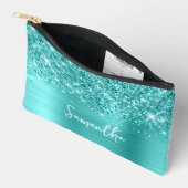 Glittery Turquoise Blue Glam Script Name アクセサリーポーチ (見開き)