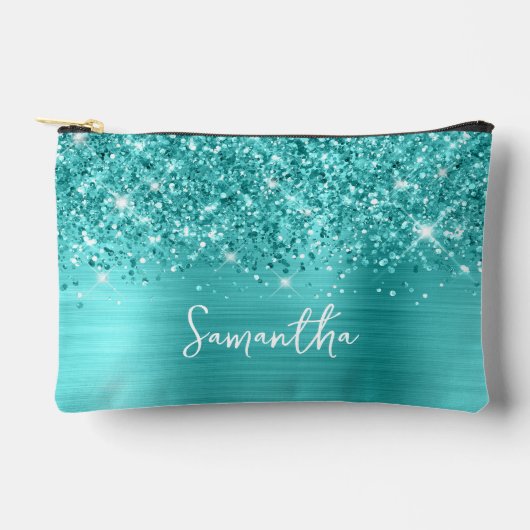Glittery Turquoise Blue Glam Script Name アクセサリーポーチ (正面)