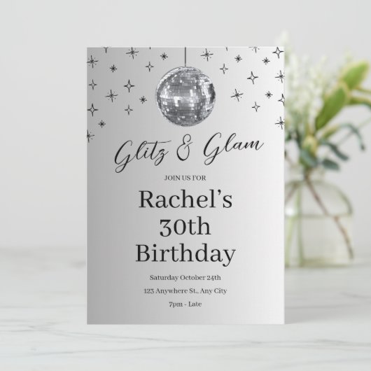 Glitz and Glam Silver Disco Birthday 招待状 (スタンド正面)