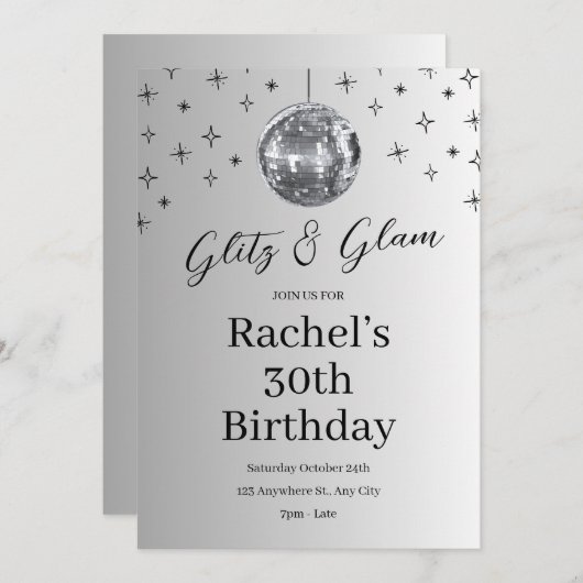 Glitz and Glam Silver Disco Birthday 招待状 (正面/裏面)