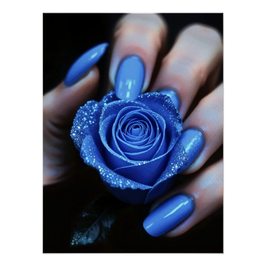 Glitzernde Blaue Rose mit Passenden Nägeln ポスター (正面)