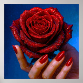 Glitzernde Rote Rose mit Passenden Nägeln ポスター