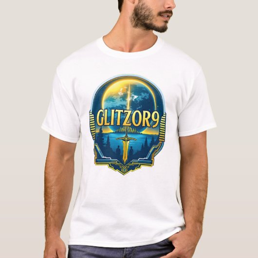Glitzor9 Skyline Badge — Planet & Blade Emblem Tシャツ (正面)
