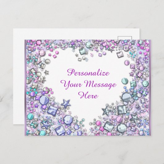 GlitzyハートGemsメッセパーソナライズされたージ ポストカード (正面/裏面)
