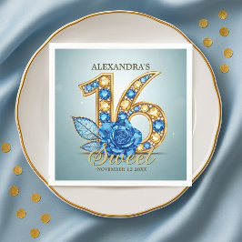 Glitzy Chic Blue Rose Gold Gemstone Sweet 16 スタンダードカクテルナプキン