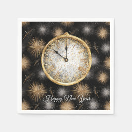 Glitzy Gold Silver Fireworks New Year's Clock スタンダードカクテルナプキン