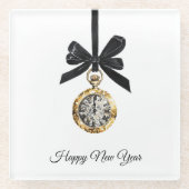 Glitzy Gold Silver New Year Midnight Hour ガラスコースター (正面)