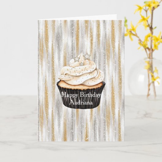 Glitzy Gold Silver Stars Cupcake Birthday カード (黄色い花)