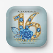 Glitzy Luxury Blue Rose Gold Gemstone Sweet 16 ペーパープレート (正面)