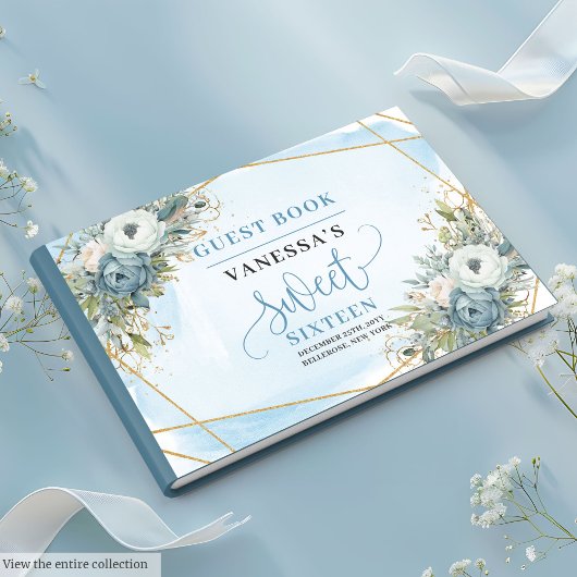 Glitzy Pastel Blue White Gold Flowers Sweet 16th ゲストブック