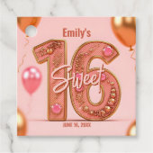 Glitzy Rose Gold and Blush Pink Gemstone Sweet 16 フェイバータグ (正面)