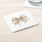 Glitzy Silver Cream Bow New Year's Eve ペーパーコースター (アングル)