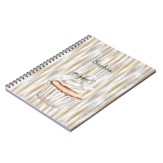 Glitzy Silver Gold Stripes White Cupcake Bow   ノートブック (左側)