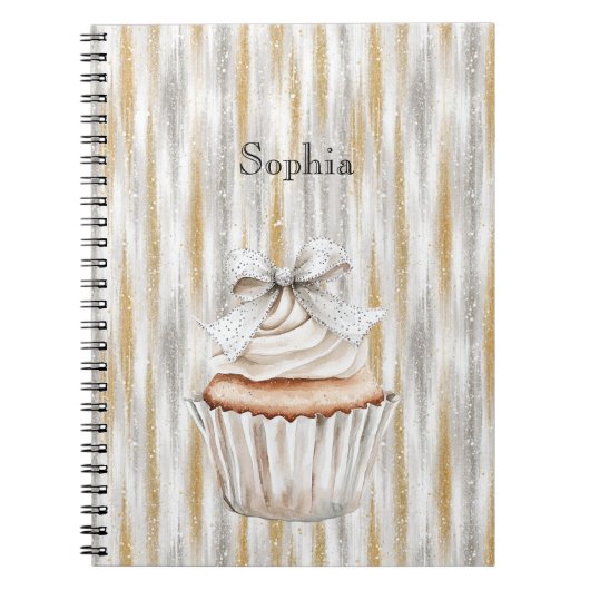 Glitzy Silver Gold Stripes White Cupcake Bow ノートブック (正面)