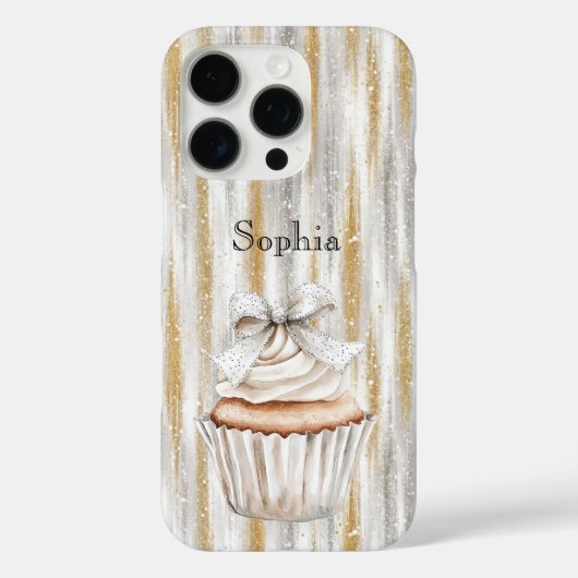 Glitzy Silver Gold Stripes White Cupcake Bow Case-Mate iPhoneケース (裏面)