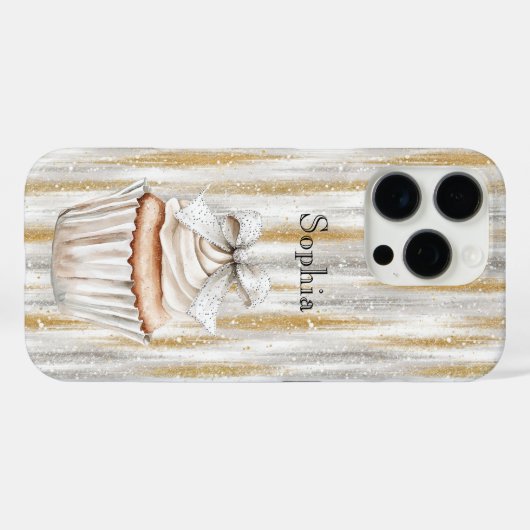 Glitzy Silver Gold Stripes White Cupcake Bow   Case-Mate iPhoneケース (裏面 (横))