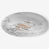 Glitzy Silver White Cupcake Bow Birthday ペーパープレート (アングル)