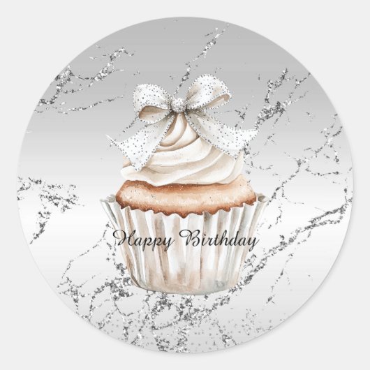 Glitzy Silver White Cupcake Bow Birthday ラウンドシール (正面)