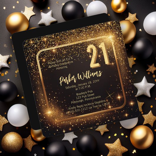 Glitzy Sparkles | スターゴールド 21歳の誕生日パーティー 招待状