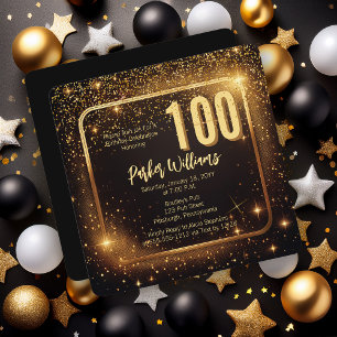 Glitzy Sparkles スター ゴールド 100歳の誕生日パーティー 招待状