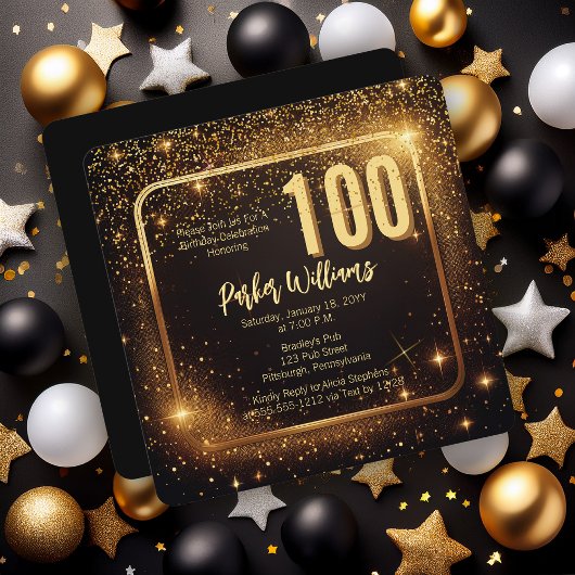Glitzy Sparkles | スター ゴールド 100歳の誕生日パーティー 招待状