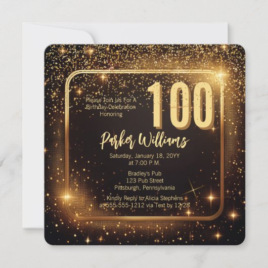 Glitzy Sparkles | Stars Gold 100th Birthday Party 招待状 (正面)