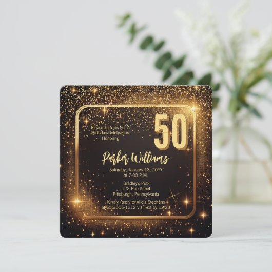 Glitzy Sparkles | Stars Gold 50th Birthday Party 招待状 (スタンド正面)