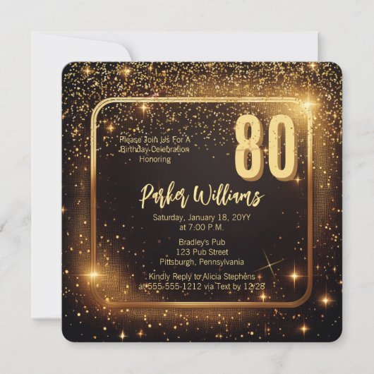 Glitzy Sparkles | Stars Gold 80th Birthday Party 招待状 (正面)