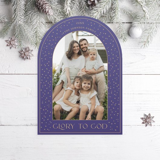 Glory to God Gold Stars Arch Holiday Photo Card 招待状