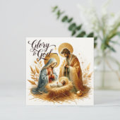 Glory to God Nativity Gold Religious Christmas シーズンカード (スタンド正面)