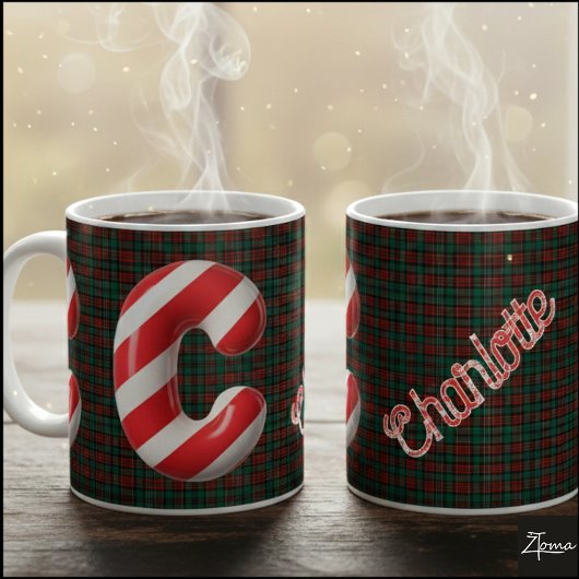 Glossy Candy Cane Striped Christmas Letter C コーヒーマグカップ